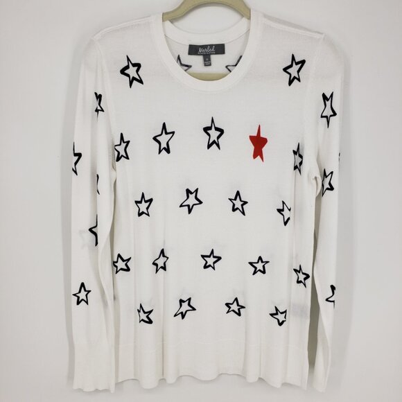 3/$25 Marled Patriotic Star Print Sweater M Womens Lightweight Pullover White - Picture 1 of 7